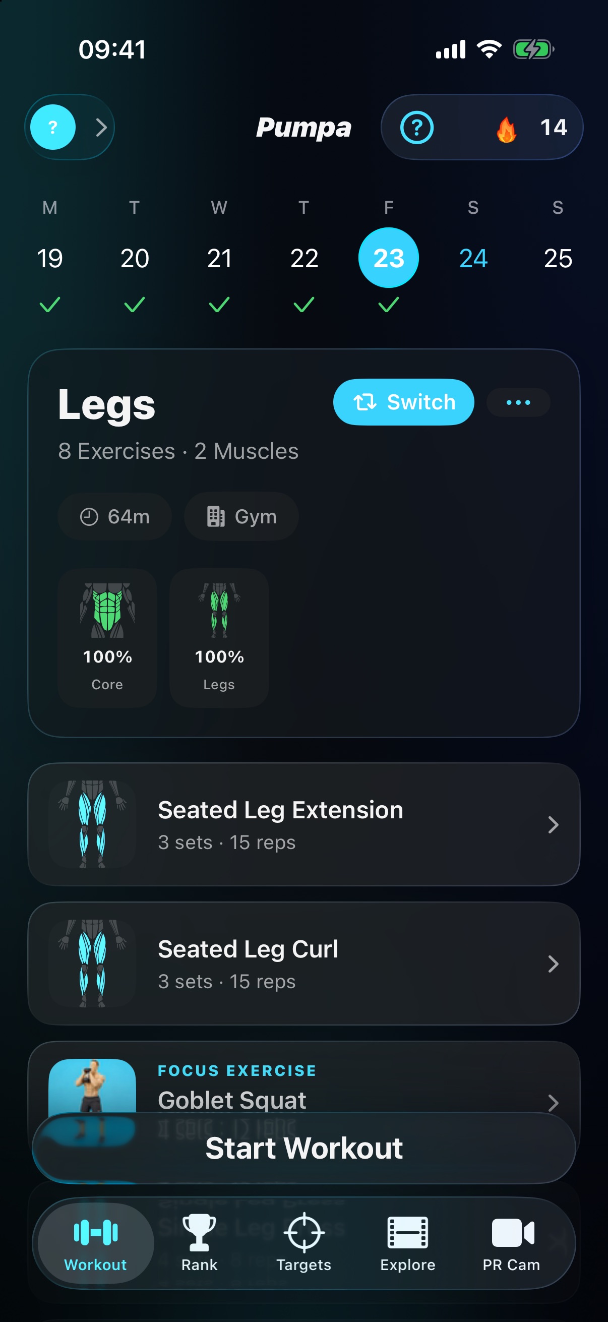 The Workout tab, showing this week's training days with logged days ticked, a Legs day with 8 exercises and the muscle groups it hits, the first exercises with their sets and reps, and a Start Workout button.